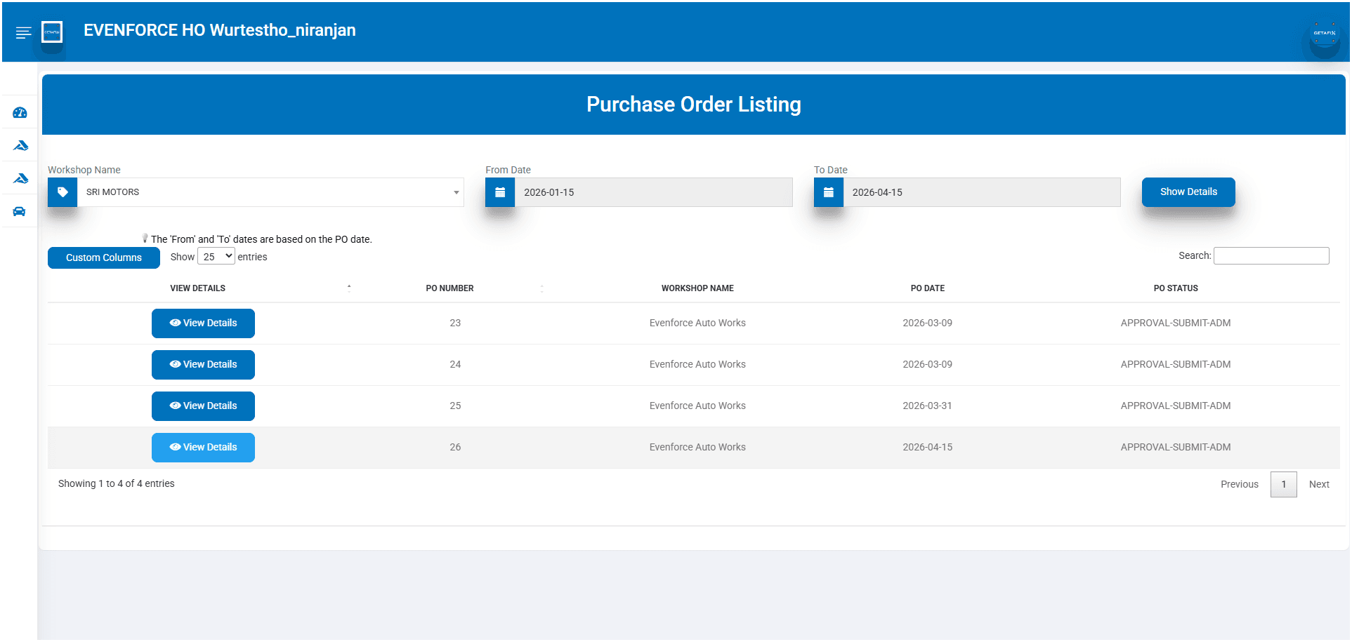 Purchase order listing across distributor workshops in GetAFix