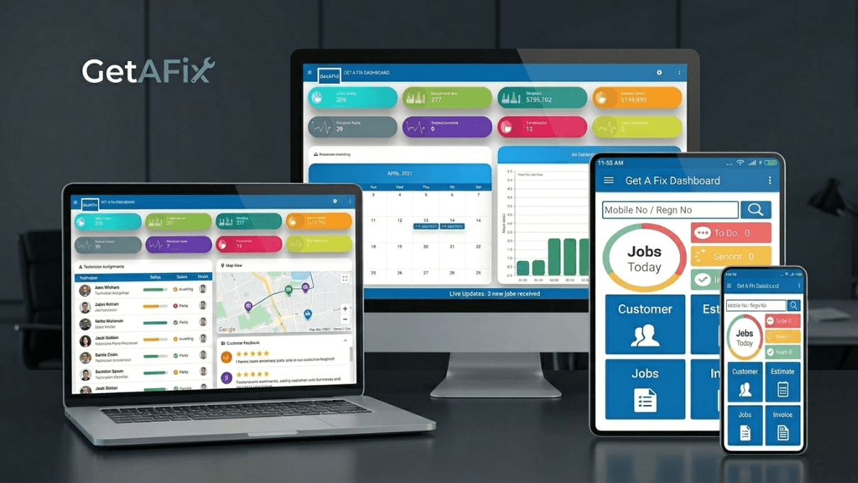 GetAFix dashboard running on a desktop monitor, laptop, tablet and phone — staged on a desk