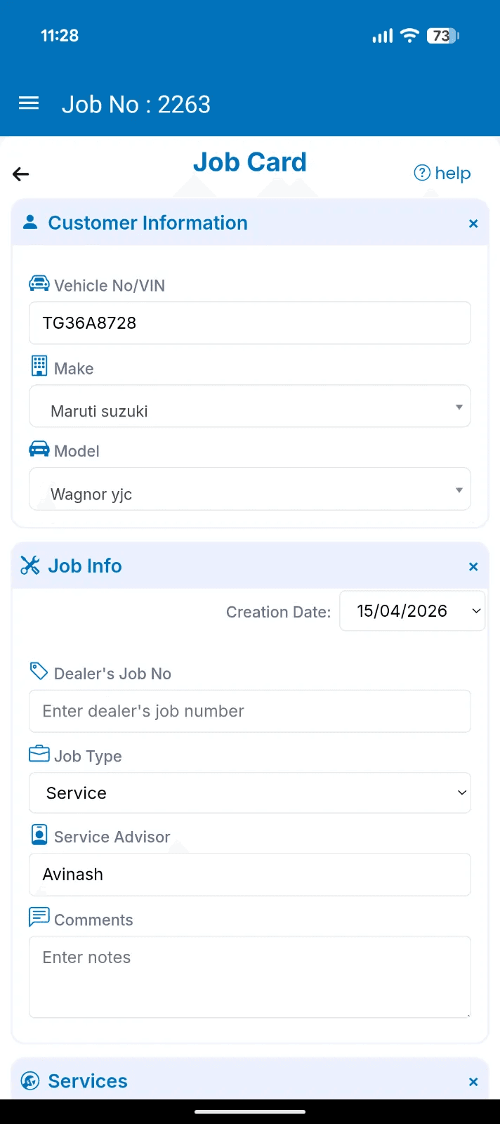 Job card screen with vehicle and customer information
