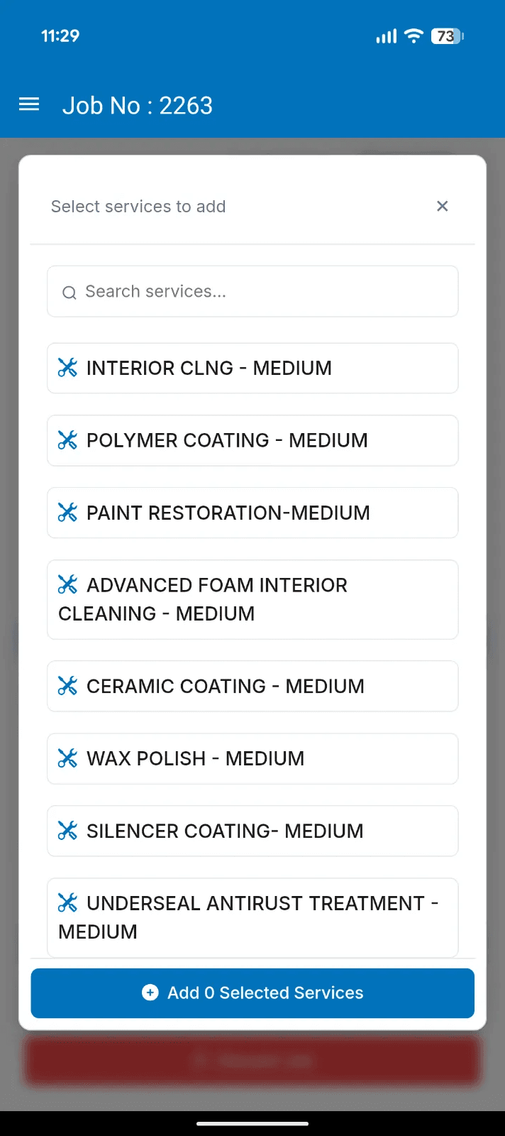 Service selection on the supervisor mobile app