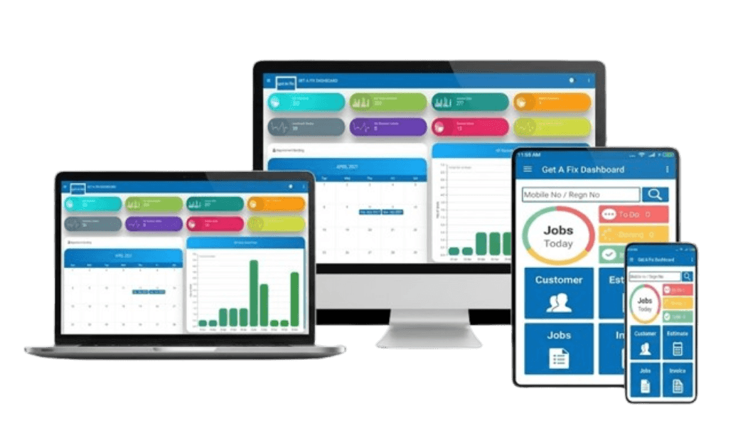 GetAFix running on a desktop monitor, laptop, tablet and phone — same dashboard across every form factor