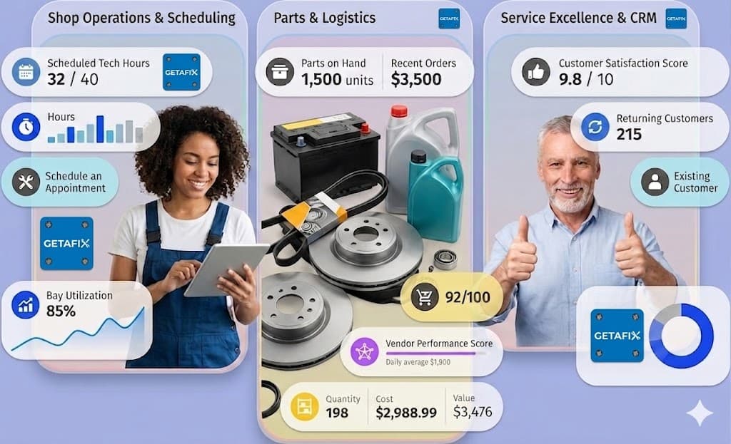 GetAFix garage management software showing shop operations, parts and logistics, and service excellence dashboards