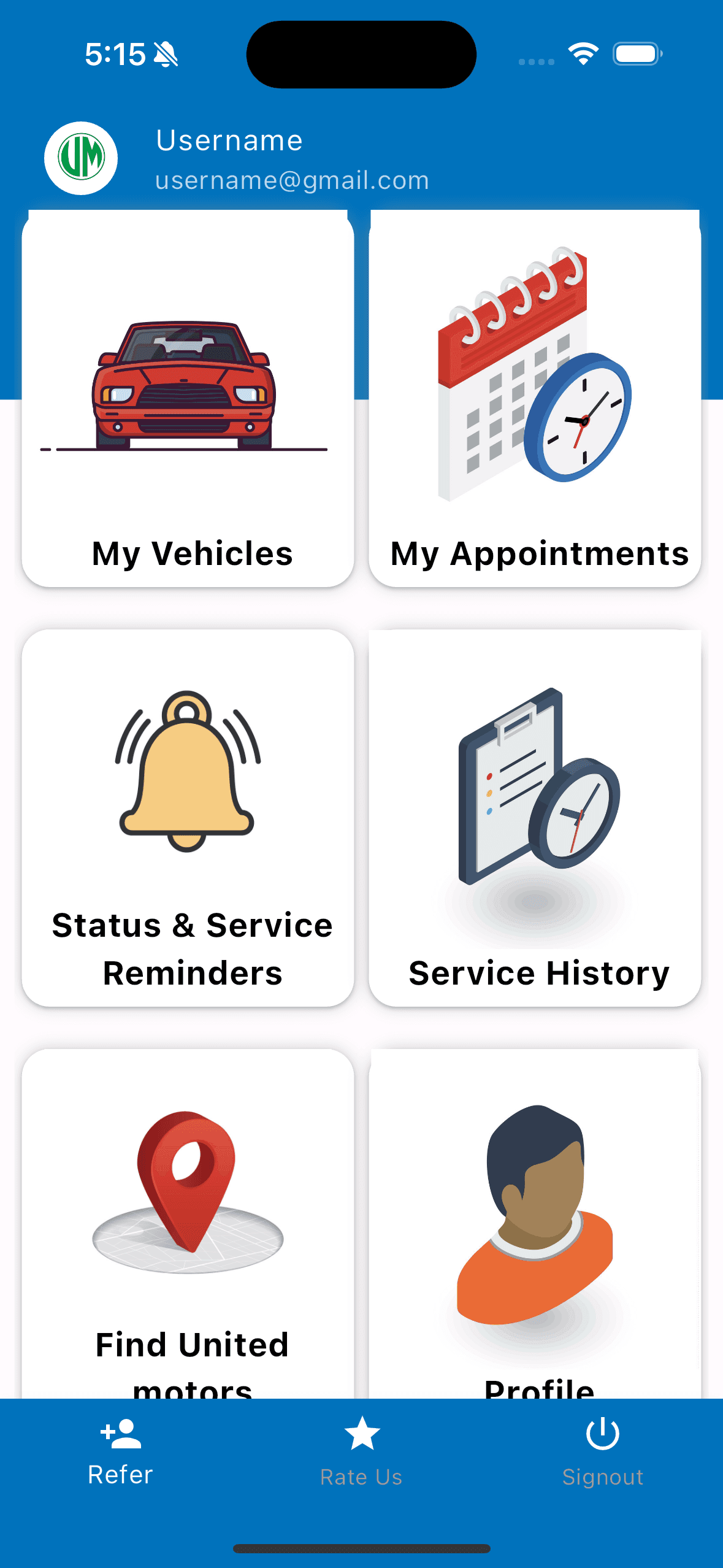 User dashboard with vehicles, appointments and notifications