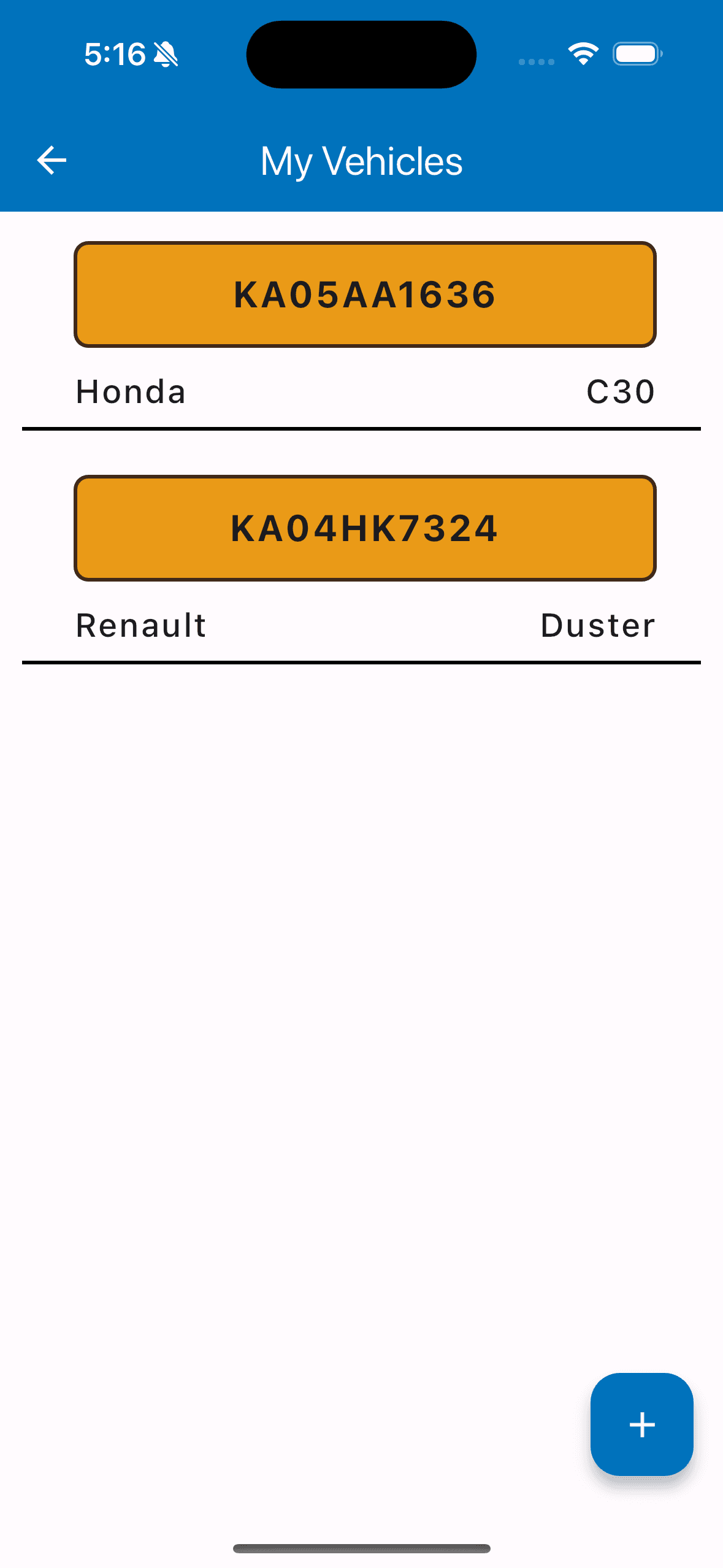 Customer's vehicles list with status and quick actions