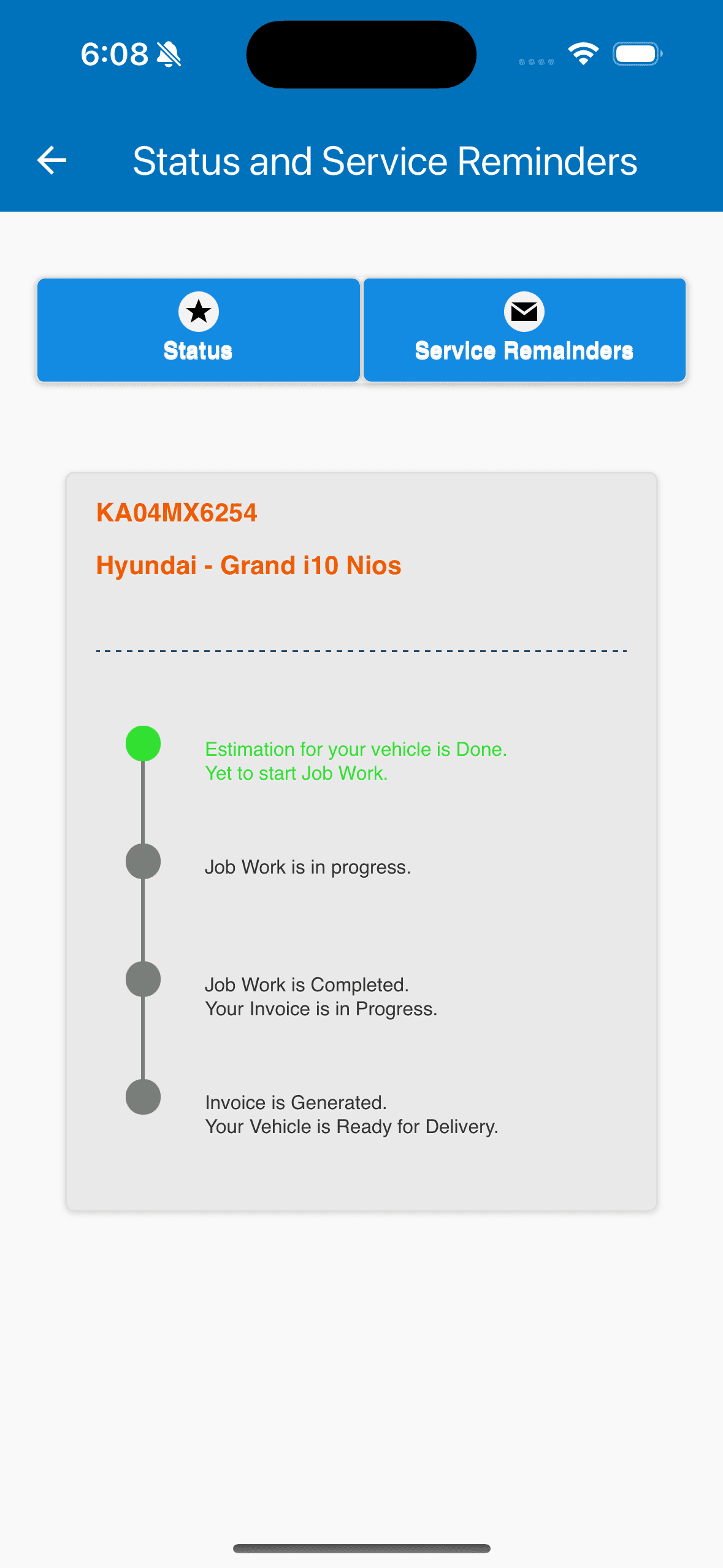 Live job-card status updates and proactive service reminders