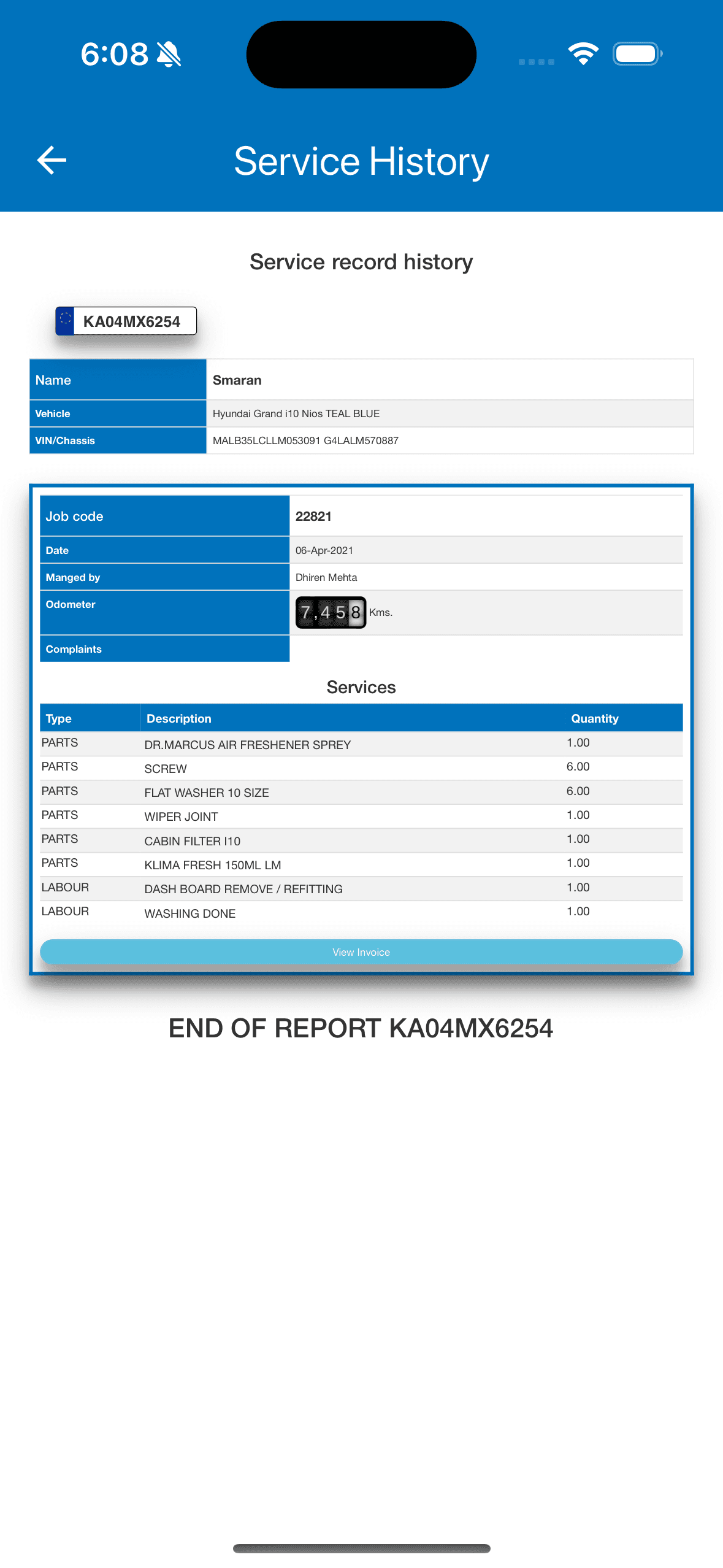 Complete service history log with dates, parts and invoices
