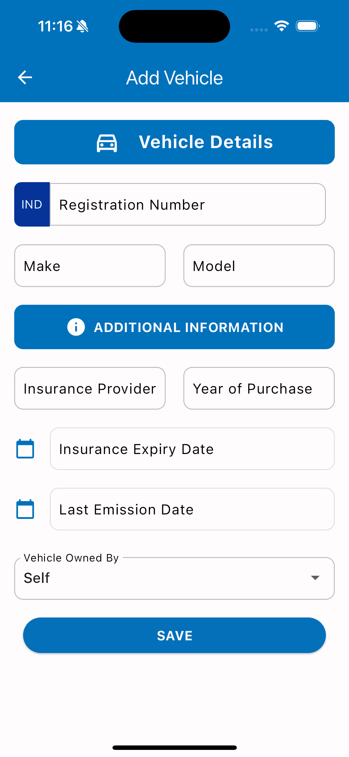 Add a vehicle by registration number with insurance and emission details
